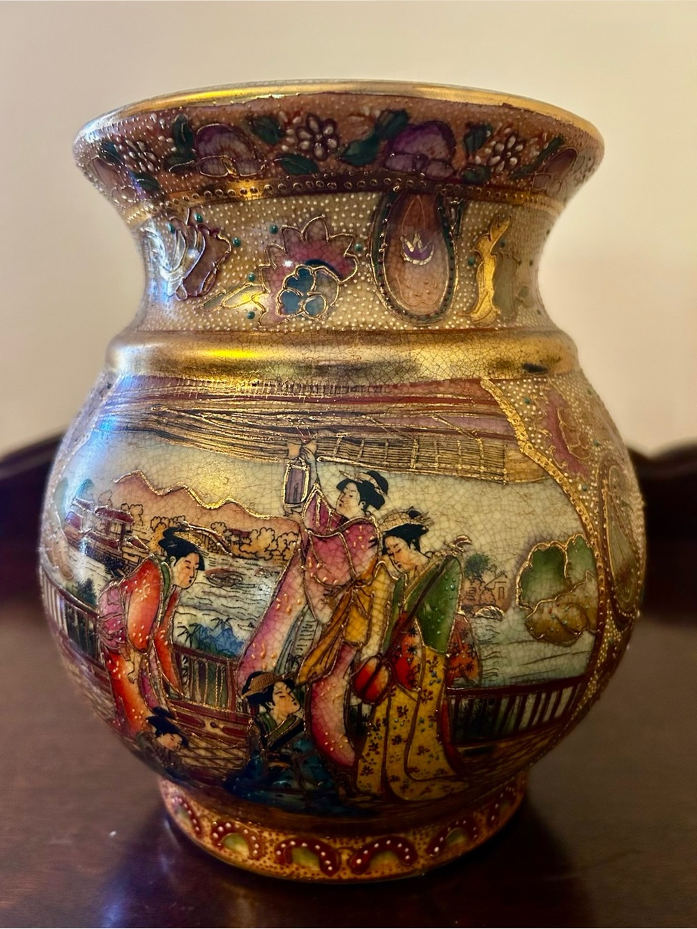 Hand-Painted Asian-Inspired Decorative Vase in Gold and Multicolor